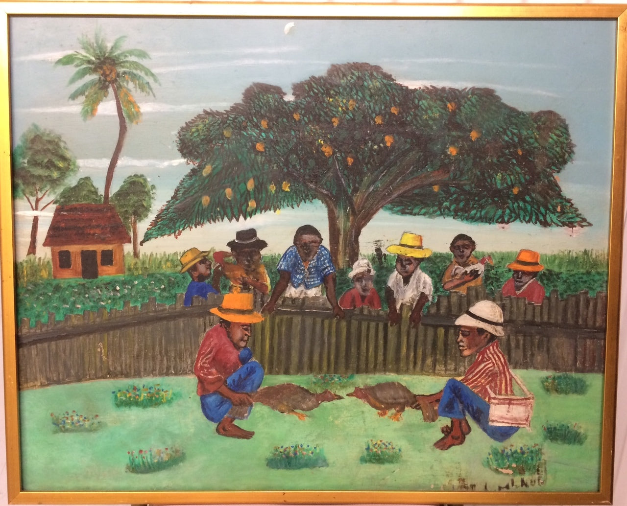 Peterson Laurent (1888-1958) 24"x30" Pelea de gallos c1948 Óleo a bordo #1GSN-MIA