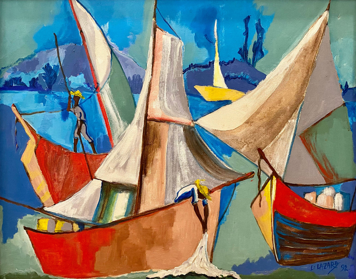 Luckner Lazard (Haitian, 1928-1998) 24"x32" Fishermen on Boats 1992 Oil on Canvas Painting #1TC