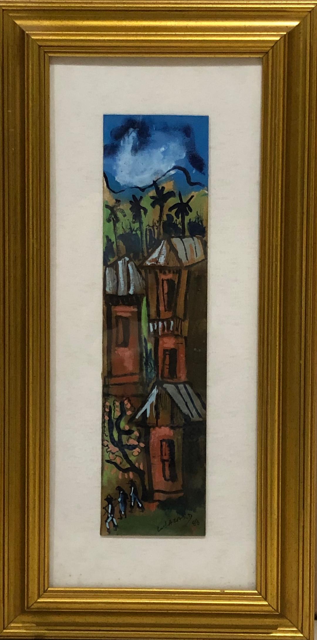 Luckner Lazard (1928-1998) 12"x3" Houses & Trees 1988 Acuarela sobre papel duro Enmarcado bajo vidrio #1FC