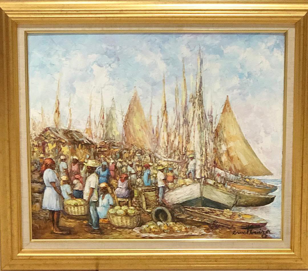 Ernst Louizor (1938-2011) 20"x24" Marché au Port Huile sur Toile Peinture #1FC