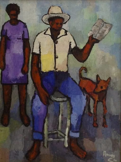 Manes Descollines (1936-1985) 12"x16" Le lecteur et son chien Acrylique sur toile #9880GN-HA