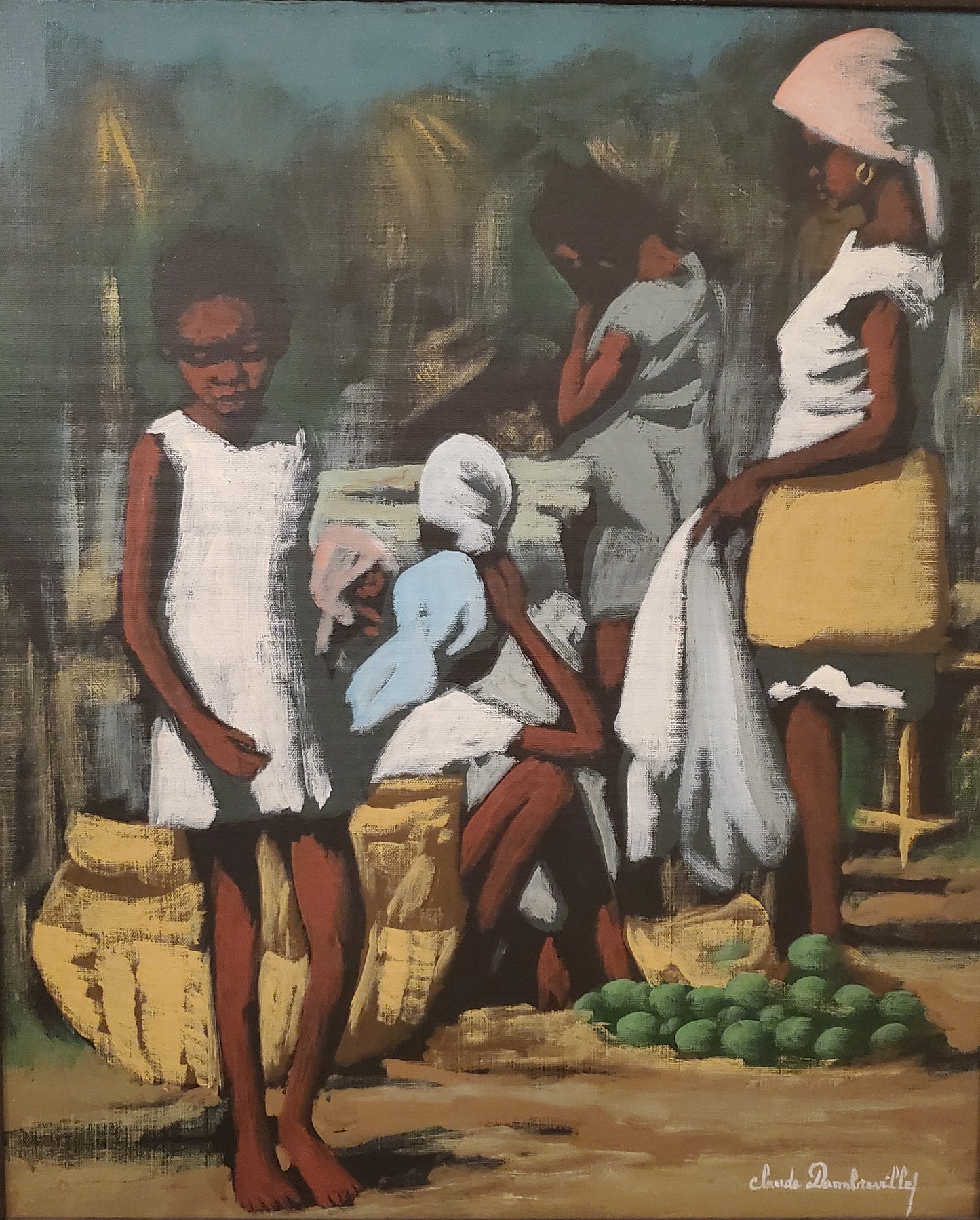 Claude Dambreville (1934-2021) 24"x20" Mercado callejero c1990 Acrílico sobre lienzo #2MF
