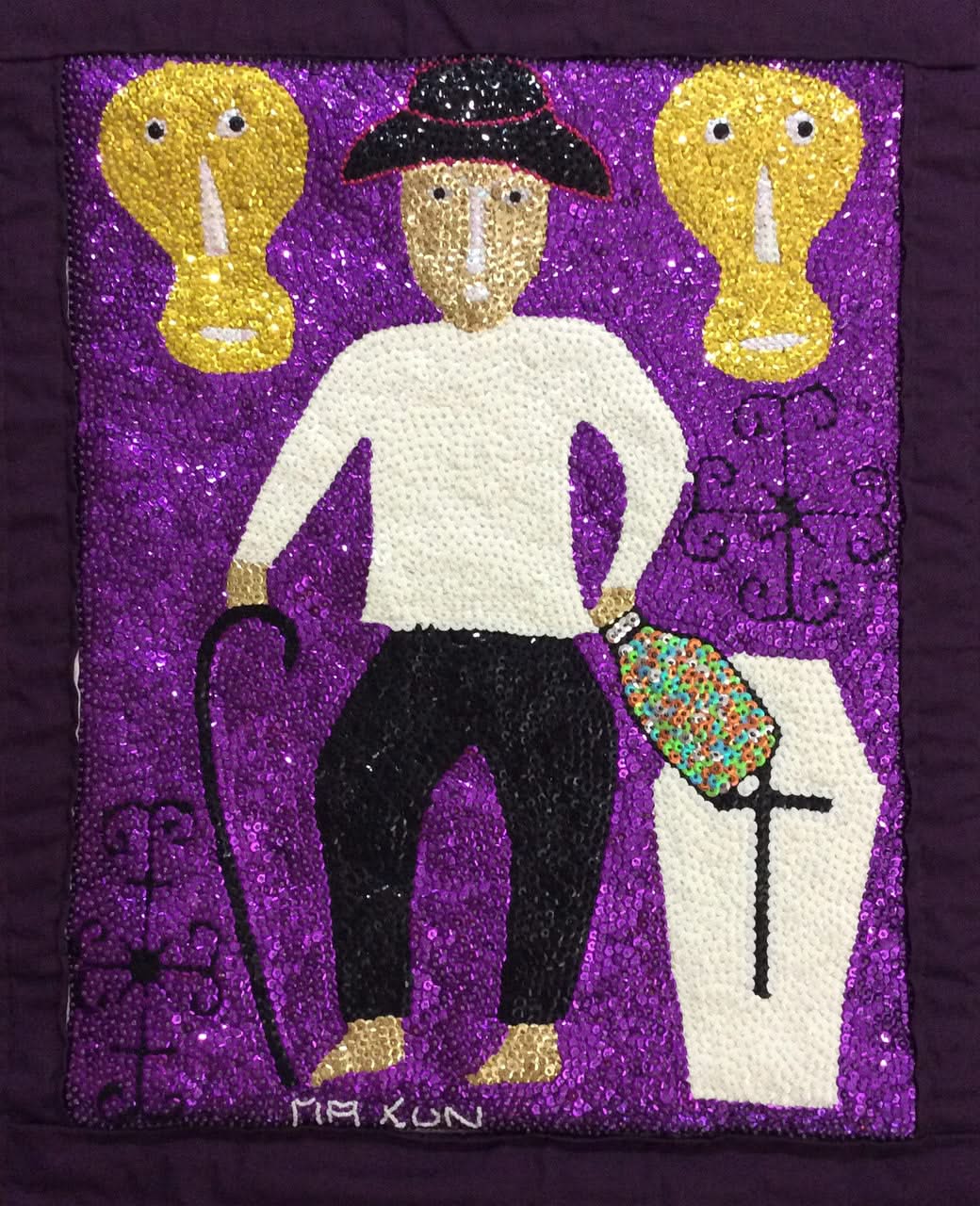 Maxon Scylla 29"x33" Baron Samedi & His Loas Haitian Sequined and Beaded Voodoo Flag on Satin, 2017 #5MFN