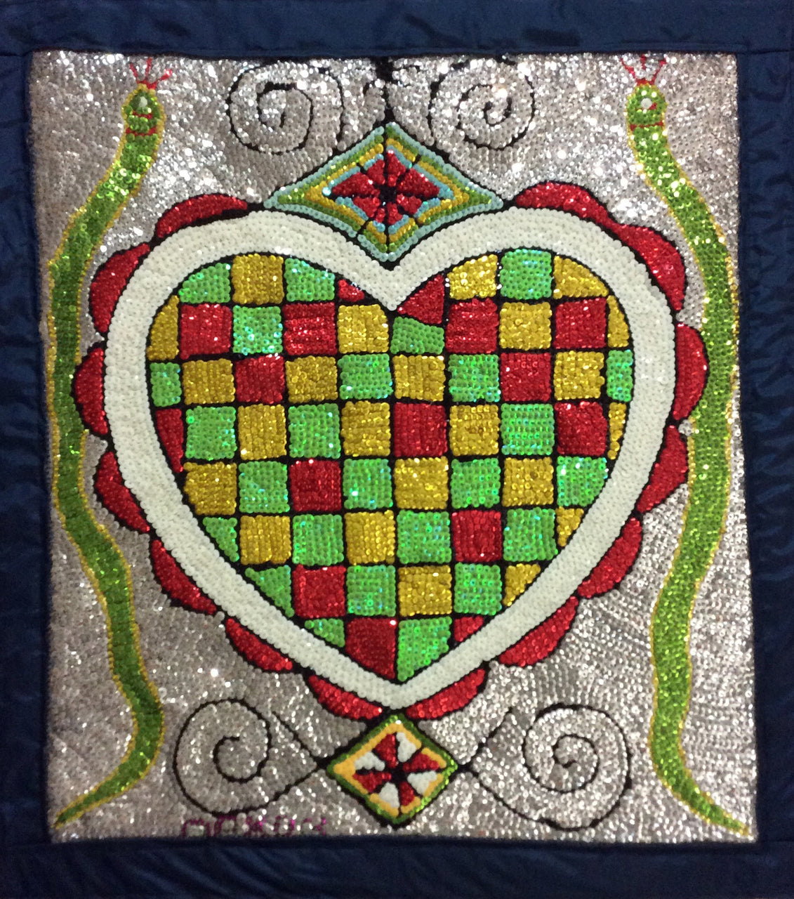 Maxon Scylla 32"x29" Erzulie's Heart Haitian Sequined and Beaded Voodoo Flag on Satin, 2017 #4MFN