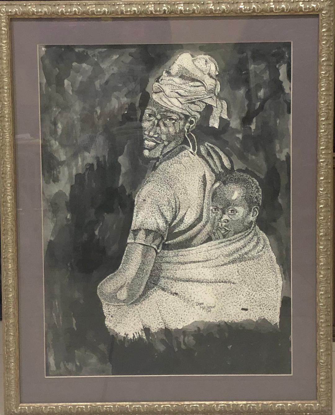Don Michaud 23 ⅛"x17 ½" Madre e hijo 1994 Dibujo sobre papel enmarcado bajo vidrio #2FC