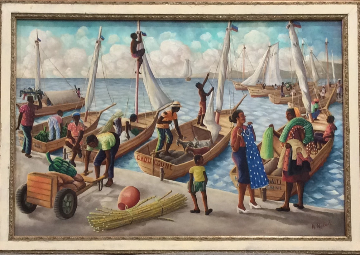 Andre Normil (1934-2014) 20"x30" Marine c1960 Óleo sobre Masonite #1GSN-NY