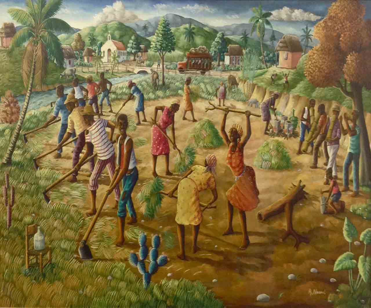 Andre Normil (1934-2014) 30"x48" Scène de Combite haïtienne Huile sur Masonite #1302GN-HA