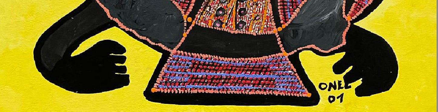 Onel-Lionel Paul 16 ¼"x13 ⅞" Resumen/Dos espíritus en fondo amarillo 2001 Pintura acrílica sobre papel Bristol montado #3MFN