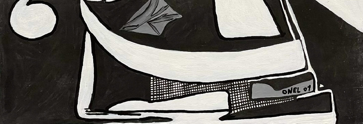 Onel-Lionel Paul 23 ⅜"x17 ¾" Résumé spirituel noir et blanc avec VEVE 2001 Peinture acrylique sur papier Bristol monté #6MFN
