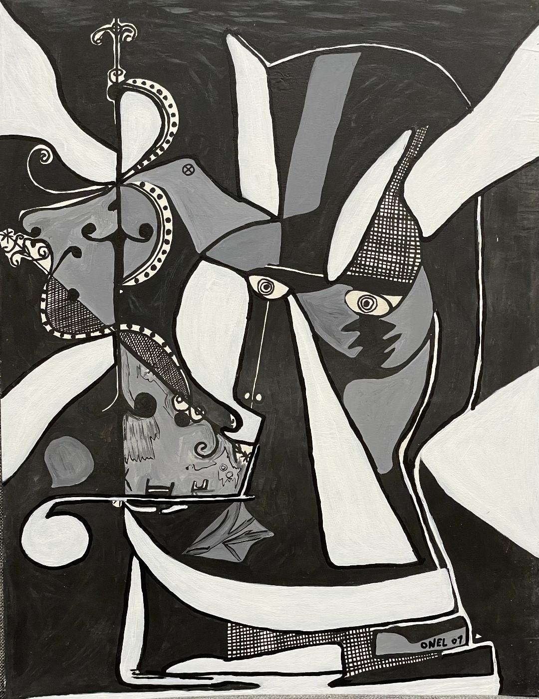 Onel-Lionel Paul 23 ⅜"x17 ¾" Resumen espiritual en blanco y negro con VEVE 2001 Pintura acrílica sobre papel Bristol montado #6MFN