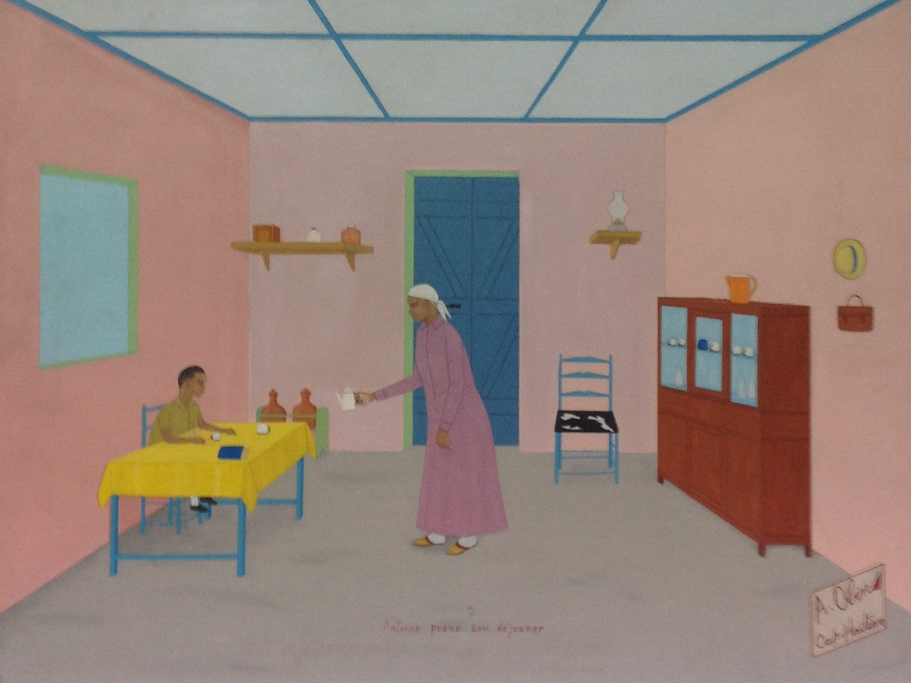 Antoine Obin (1929-1992) 18"x24" Antoine Prend Son Dejeuner/Antoine Desayunando 1981 Óleo sobre Masonite #16-3-96GN-HA