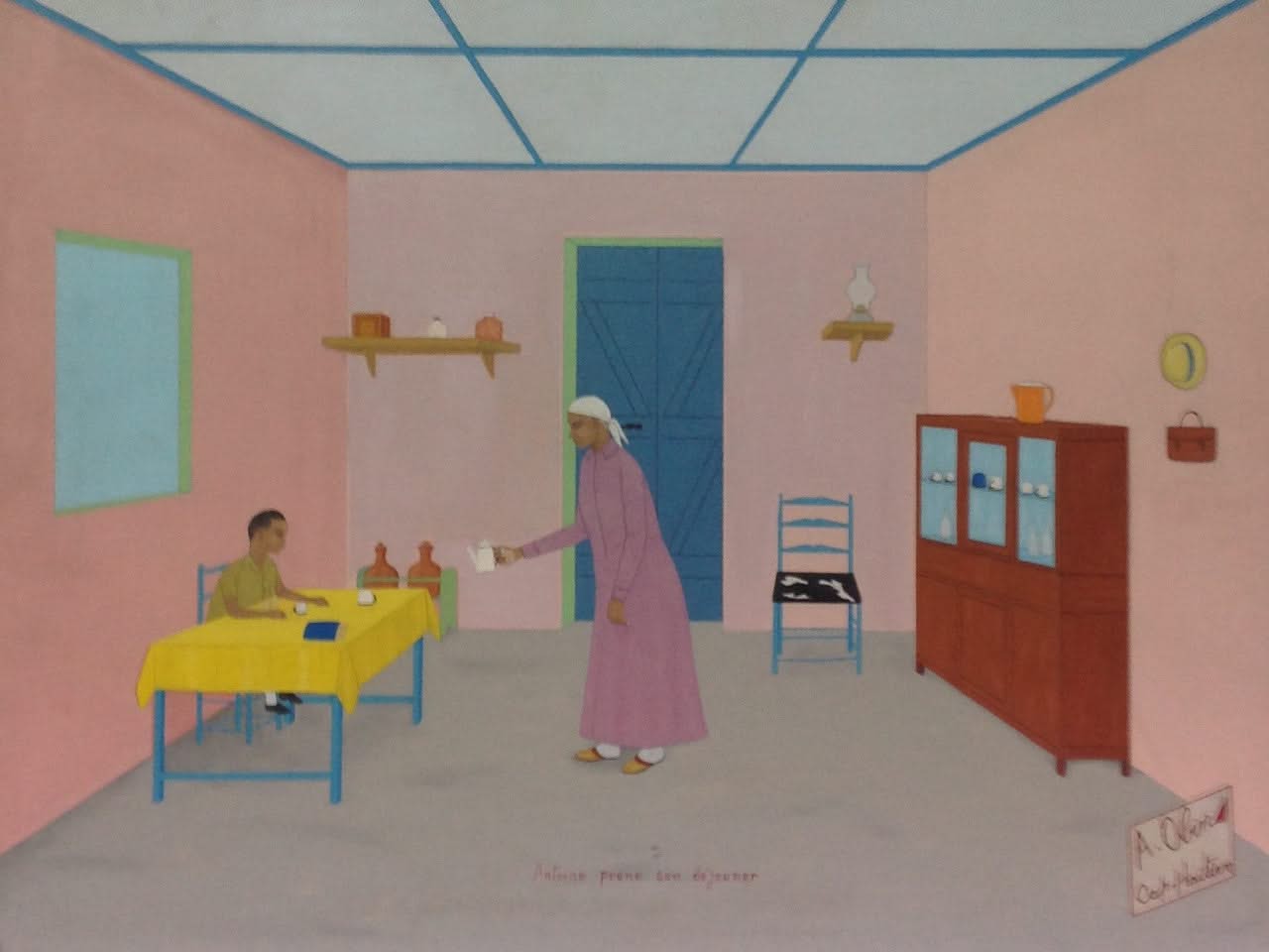 Antoine Obin (1929-1992) 18"x24" Antoine Prend Son Dejeuner/Antoine prenant son petit déjeuner 1981 Huile sur Masonite #16-3-96GN-HA