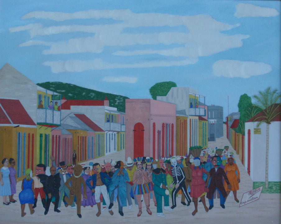 Philome Obin (1891-1986) 24"x30" Carnaval #15-3-96GSN-HA Óleo sobre tabla
