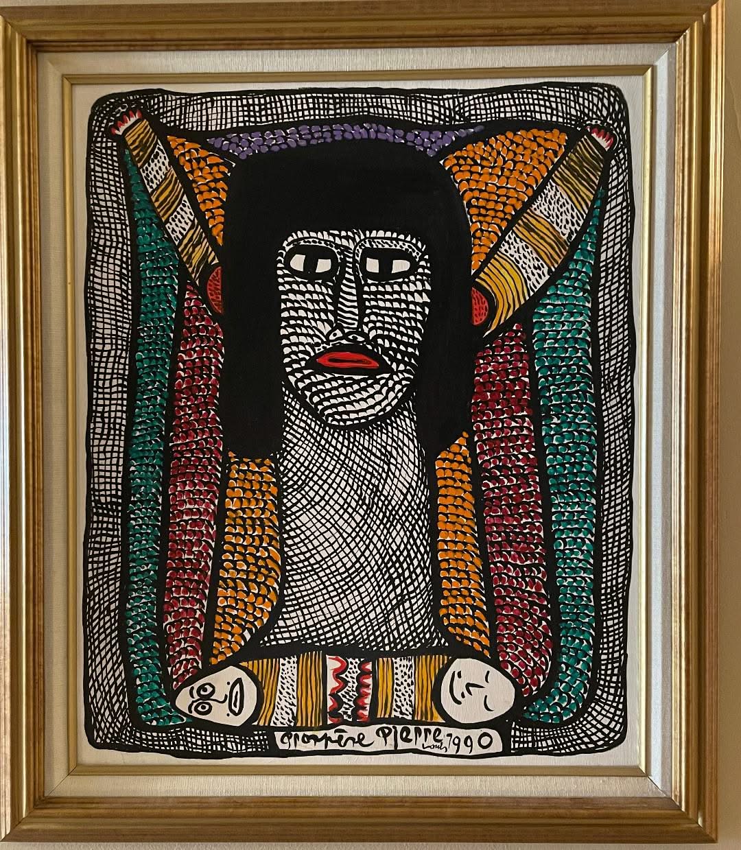 Prospere Pierre Louis (1947-1997) 24"x20" Erzulie & Twins 1990 Oil On Wood Framed Painting #1EZ