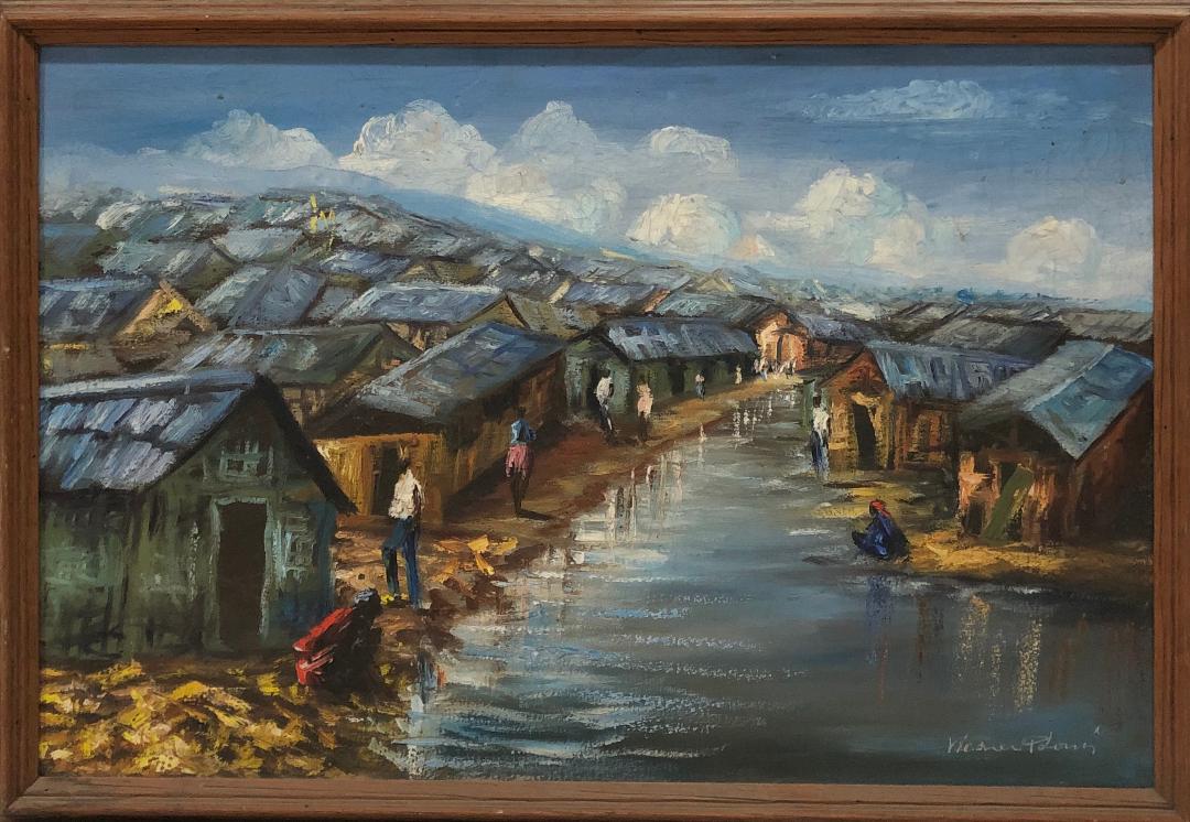 Wesner Pierre-Louis 16"x24" Ghetto Óleo sobre lienzo Enmarcado #1FC