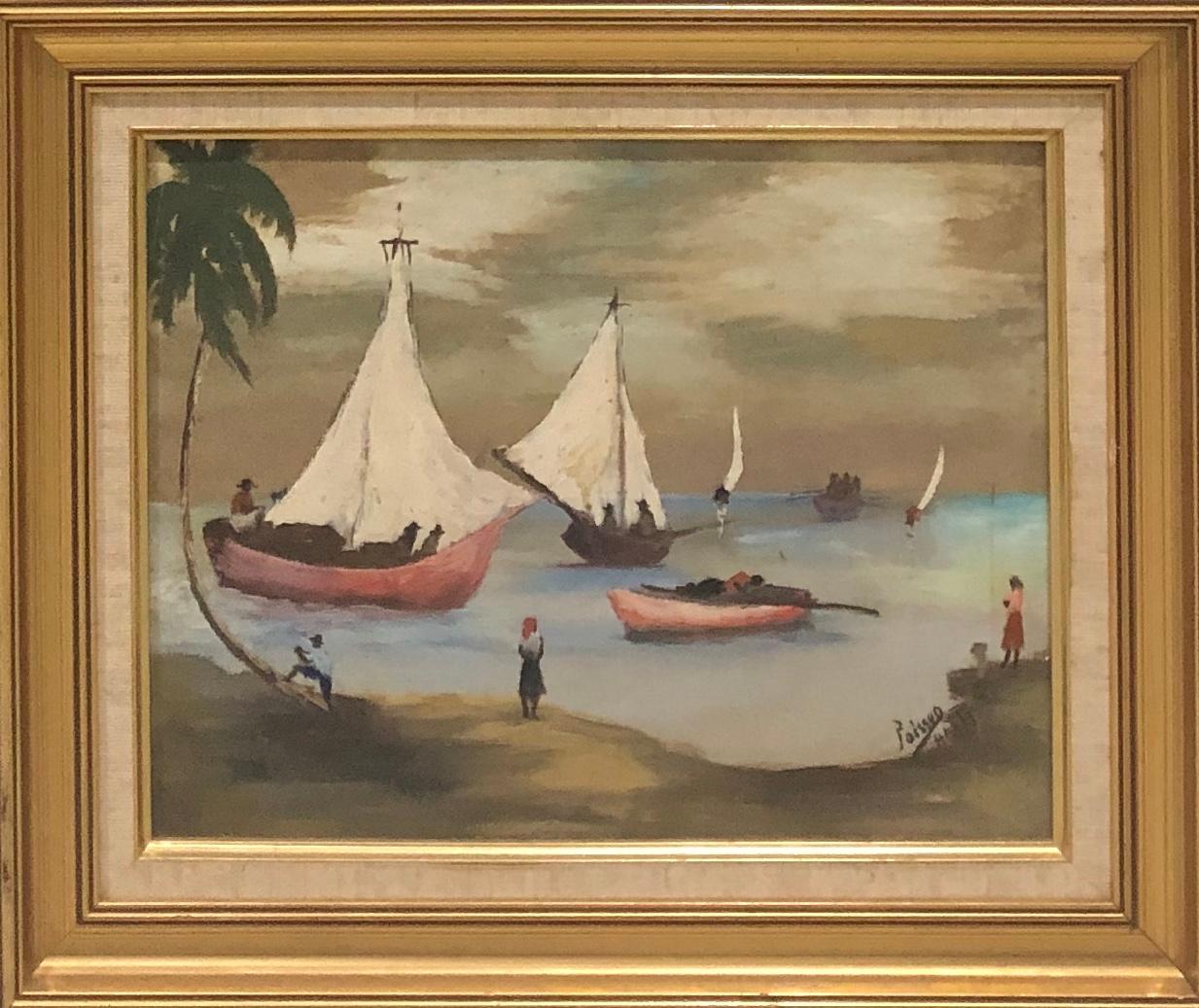 Louverture Poisson (1914-1985) 12"x16" Marine c1970 Óleo sobre lienzo Enmarcado #1FC