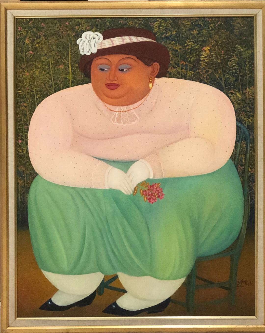 Pierre-Louis Riche 30"x24" Fat Lady en falda verde Acrílico sobre Masonite Enmarcado #2FC