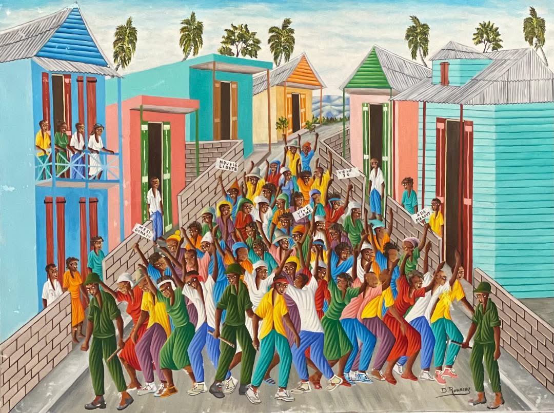 Dieudonné Rouanez (1920-DCD) 24"x32" Protestation contre les Macoutes 1982 Huile sur toile #1-2-95MFN