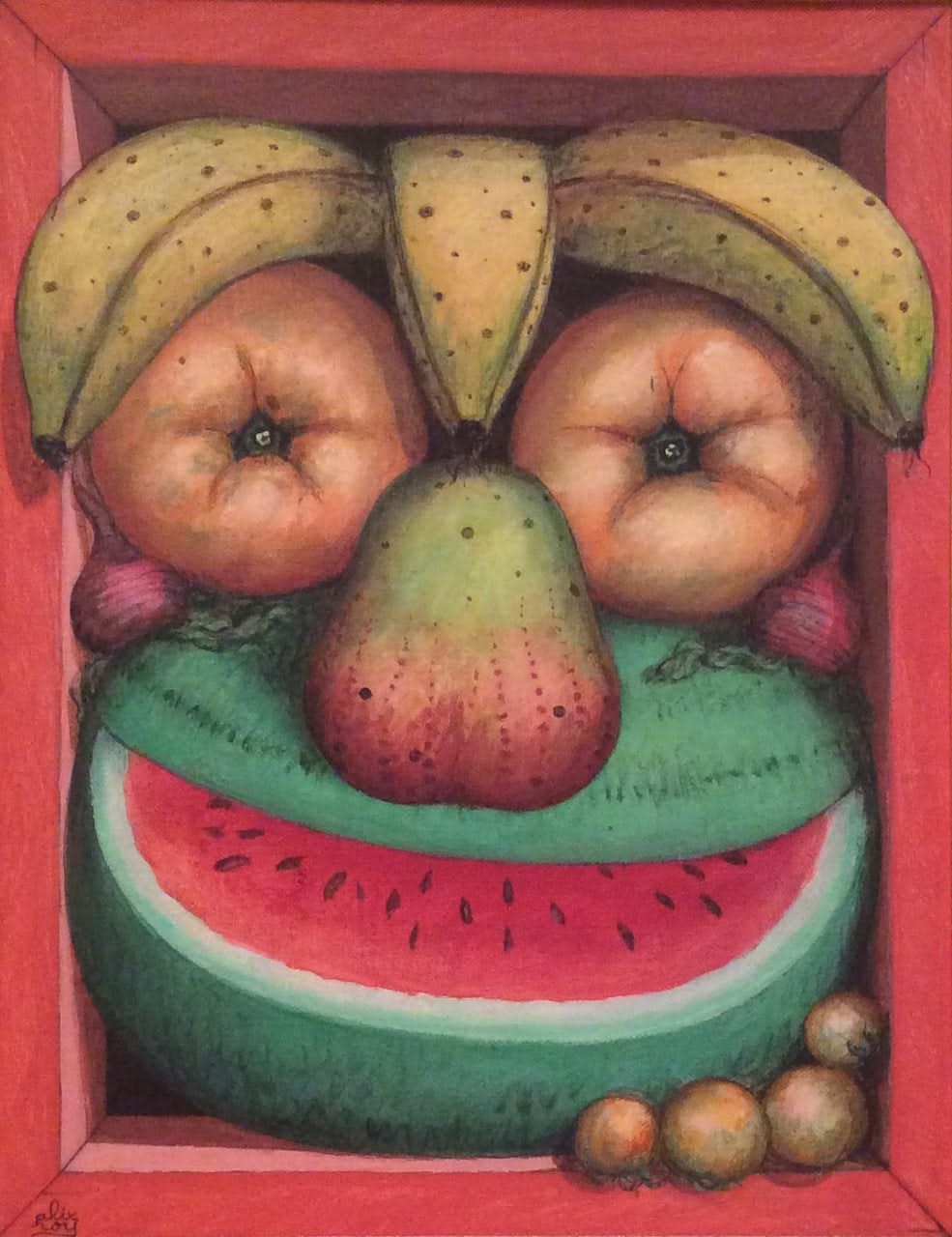 Alix Roy Fruits Face, Myriam F. Nader Private Collection, original Haitian acrylic painting