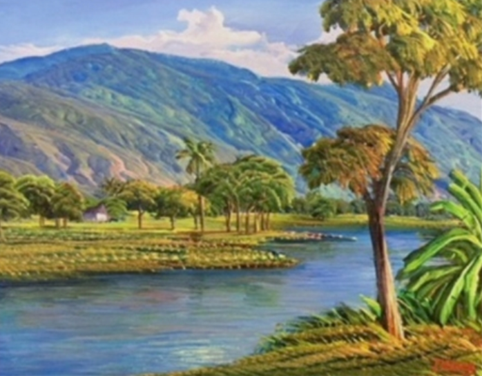 Jean-Adrien Seide 12"x16" Rivière, Arbres et Montagnes Acrylique sur toile #J90-HA