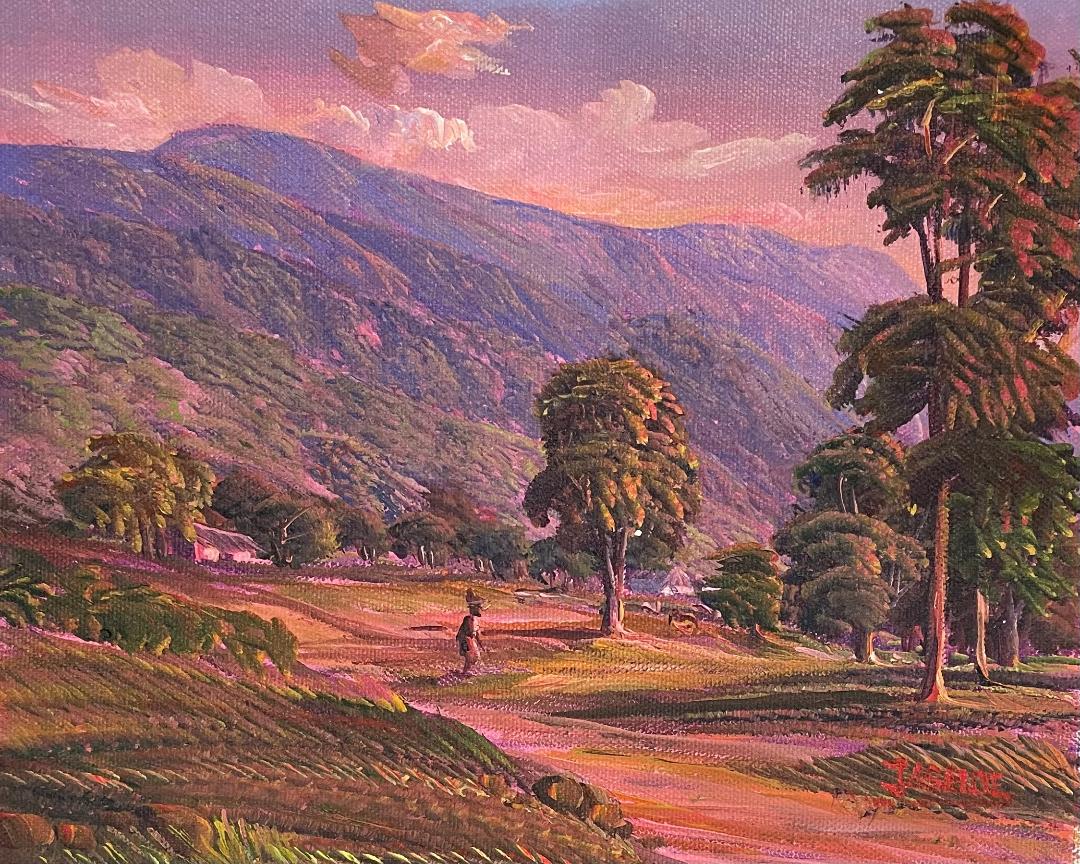 Jean Adrien Seide 8"x10" La cabaña y la mujer al atardecer 2022 Acrílico sobre lienzo Pintura #23MFN