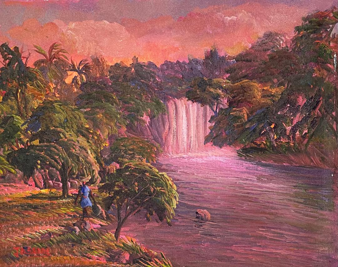 Jean Adrien Seide 8"x10" Mujer por la cascada al atardecer 2022 Acrílico sobre lienzo Pintura #29MFN