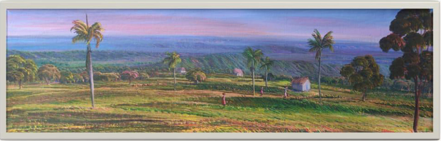 Jean Adrien Seide 12"x40" Las cabañas, palmeras y personas 2021 Acrílico sobre lienzo #3MFN