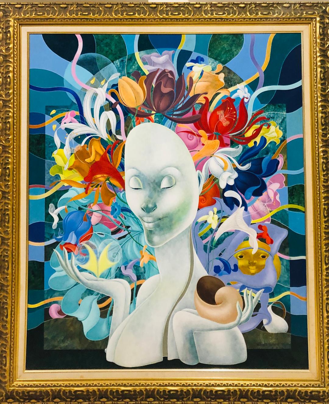 Bernard Sejourne (1947-1994) 48"x40" Dama con corona de flores 1992 Acrílico sobre Masonite #3FC