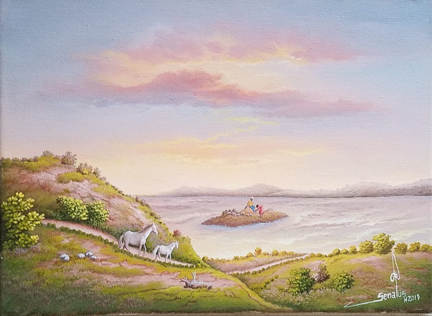 Jean-Louis Senatus 9"x12" Le couple et les chevaux 2019 Huile sur toile #3JN-HA