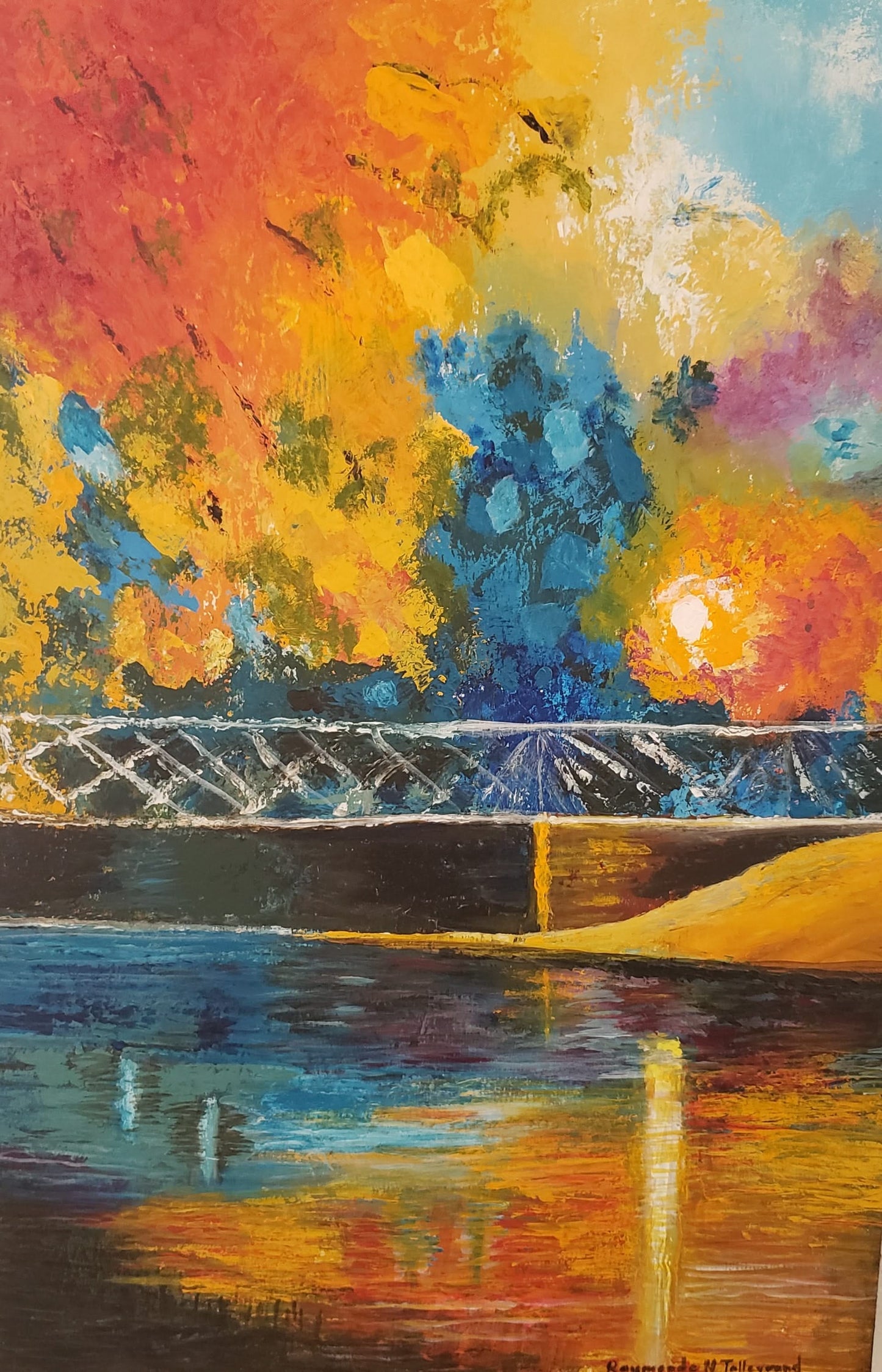 Raymonde Talleyrand 22"x15" Nature en feu sur lac Acrylique sur contreplaqué ##27TR