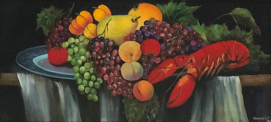 Jacques Auguste Toussaint 14"x30" Nature morte / Homard 2007 Huile sur toile encadrée #1FC