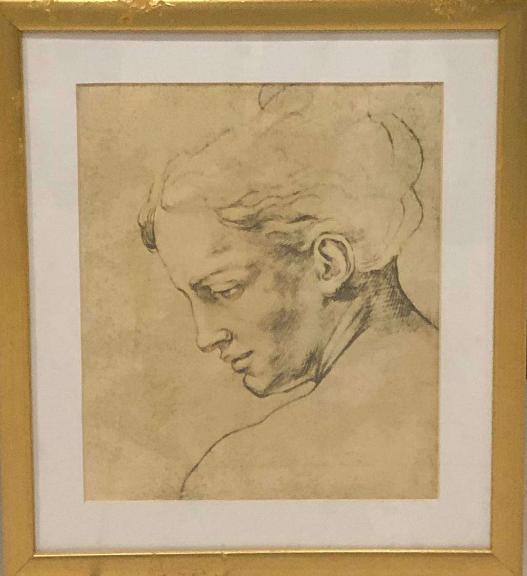 Artista desconocido 15"x13" Dibujo de perfil de dama en papel enmarcado bajo vidrio #2FC