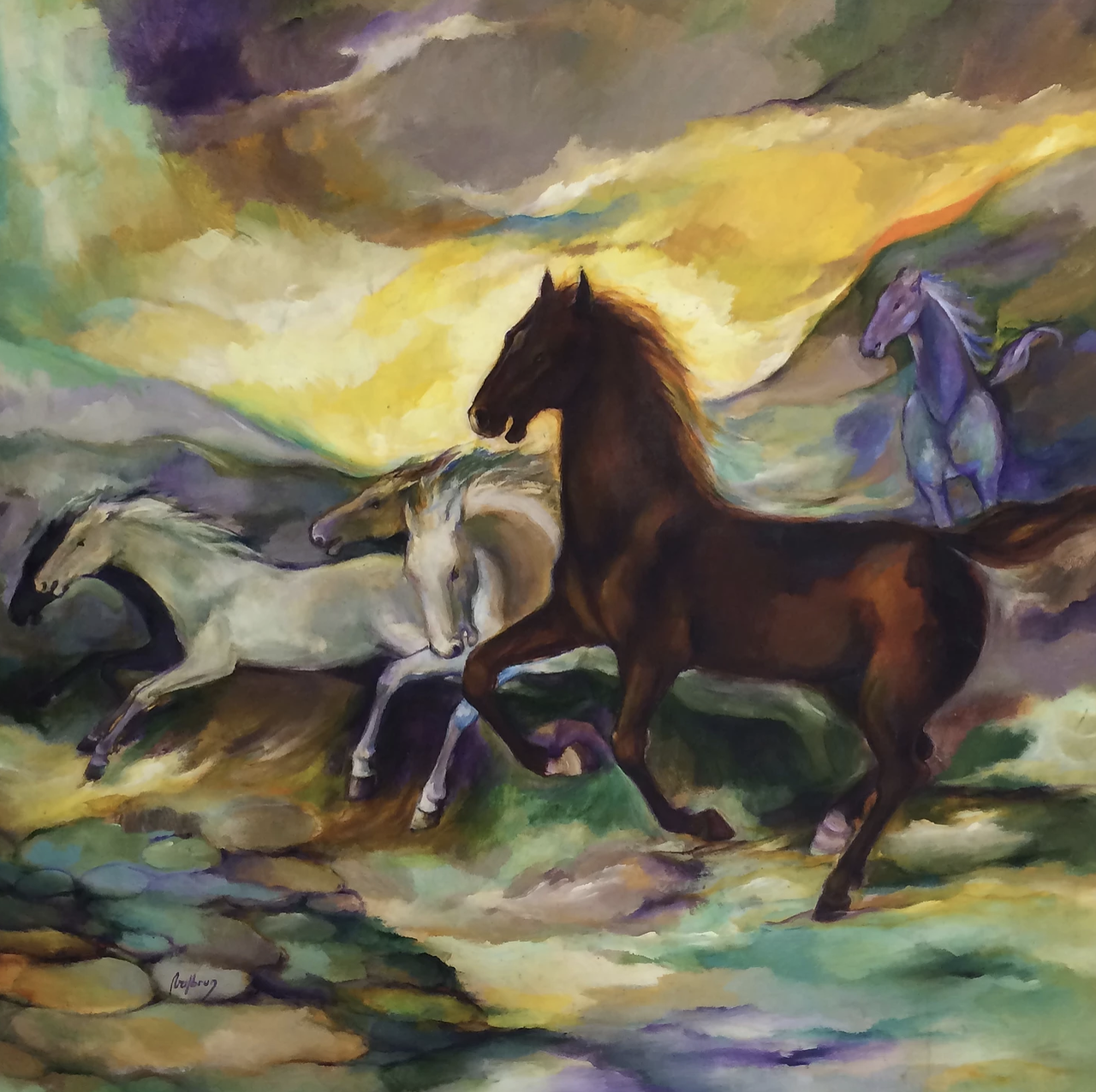 Jacques Valbrun (1938-1992) Chevaux 48"x48" Acrylique sur panneau isorel #1400GN-HA