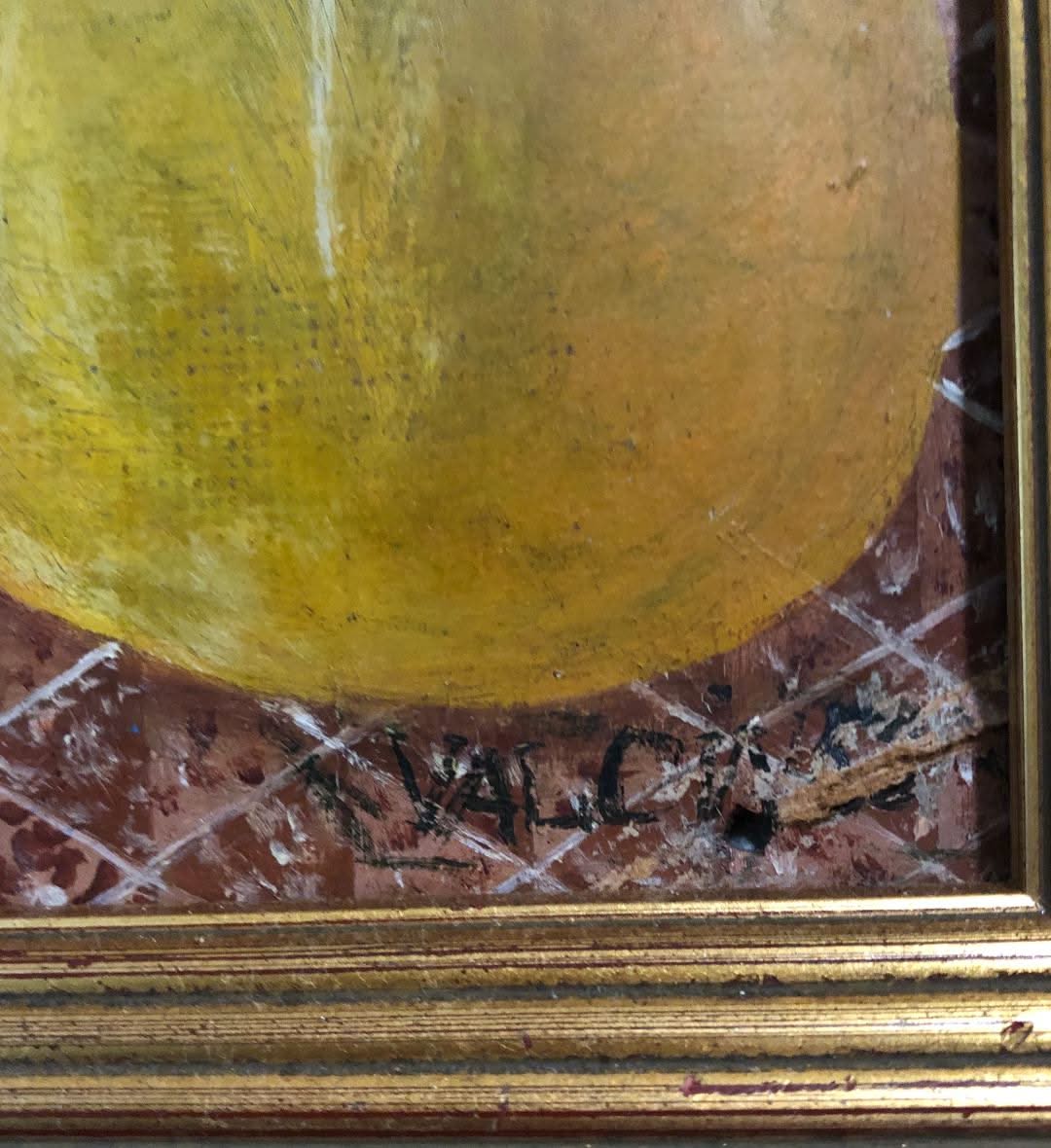Gerard Valcin (1925-1988) 16"x11" Fruits sur chaise Huile sur Masonite #114-3-96GSN-NY