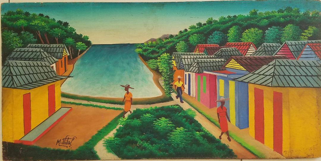 Maurice Vital 12"x24" Escena rural junto al río 1970 Óleo sobre tabla #3JN-HA