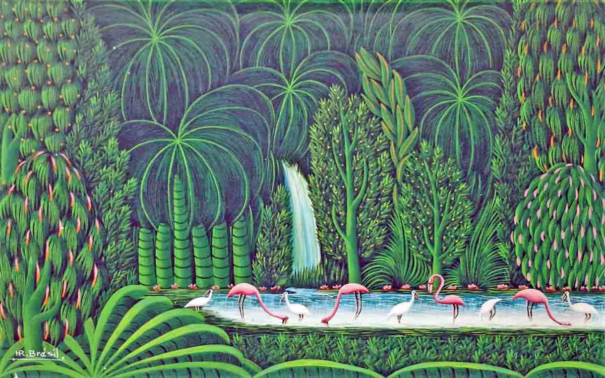Henri-Robert Bresil (1952-1999) Huile sur toile Cascade et pélicans 20"x24" #1102GN-HA