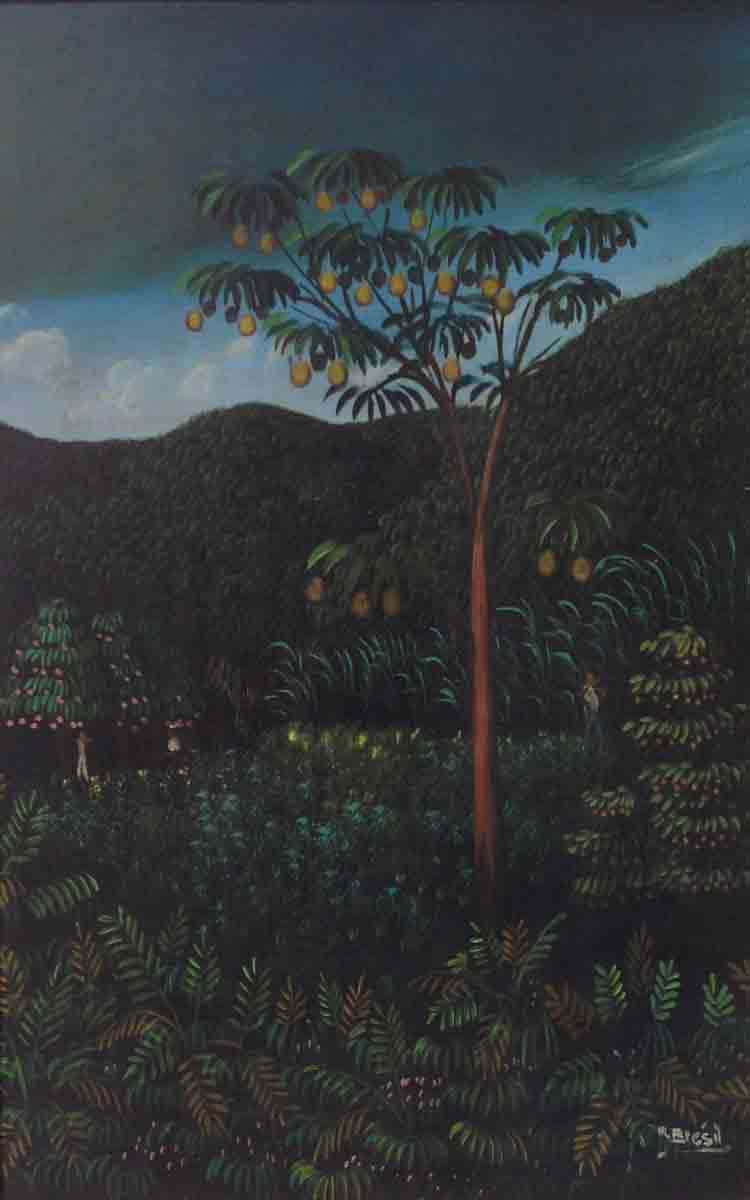 Henri-Robert Bresil (1952-1999) 24"x20" Escena del árbol de limón Óleo sobre Masonite #1115