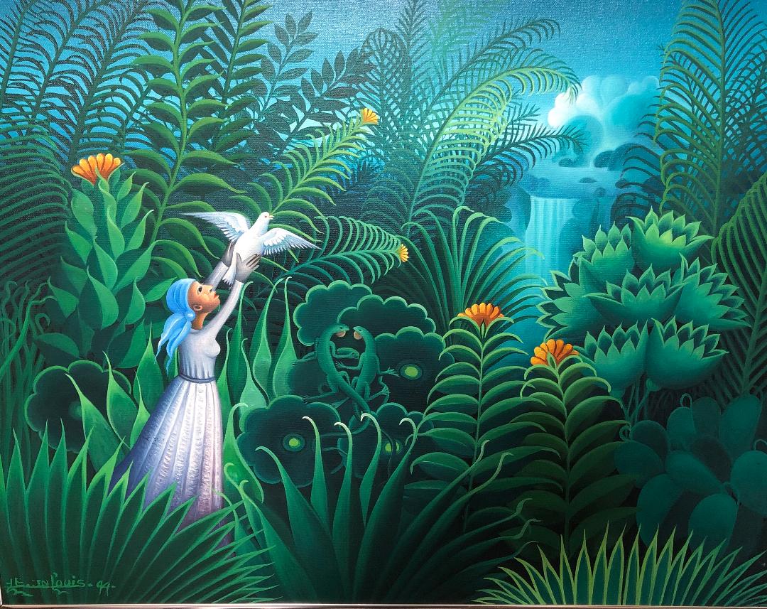 Eric Jean-Louis (haitiano, n. 1957) "Freeing the Bird" Pintura al óleo enmarcada sobre lienzo 20"h X 24"w #1GSN-NY