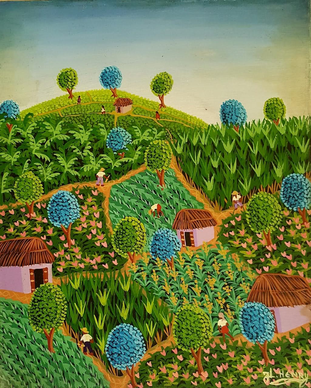 Jacques-Lionel Henry 20"x16 » Quatre Maisons 1979 Huile sur Toile #2JN-NY