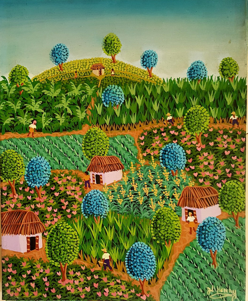Jacques-Lionel Henry 20"x16" Escena rural c1980 Óleo sobre lienzo #3JN-NY