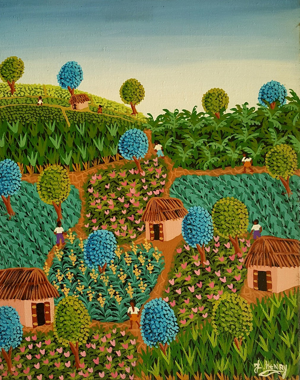 Jacques-Lionel Henry 20"x16" Escena rural c1980 Óleo sobre lienzo #4JN-NY