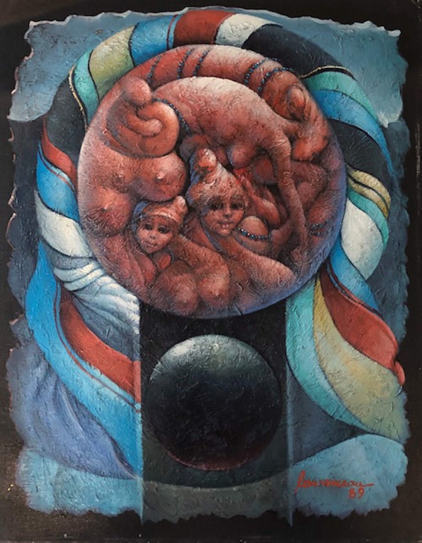 Lyonel Laurenceau (Haïtien, né en 1942) « Procréation » 1989 Acrylique non encadré sur toile Peinture 20"hx 16"w #22-3-96GSN-NY