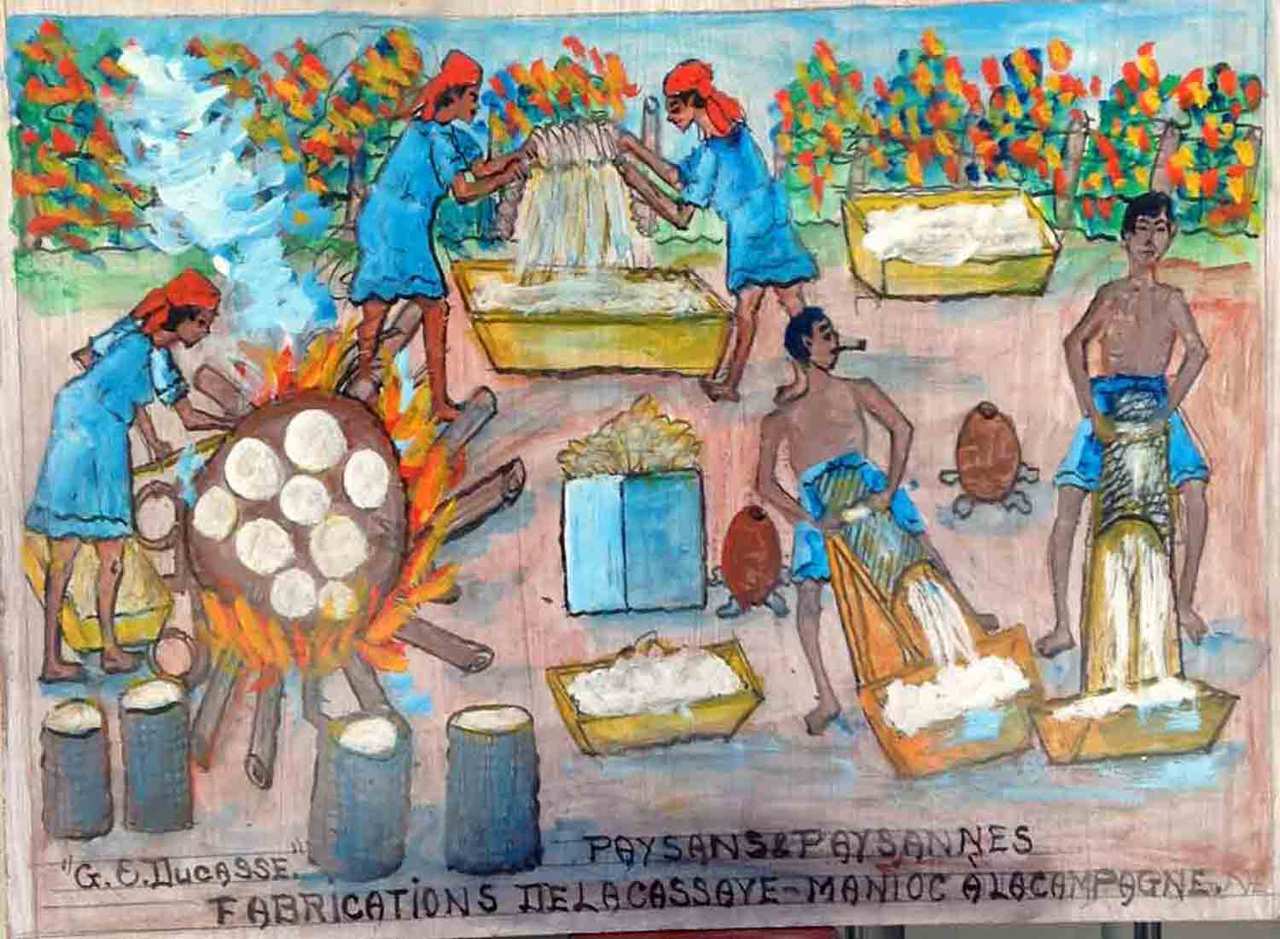 Gervais Emmanuel Ducasse (1903-1988) 16"x24" 1979 " Paysans Paysannes Fabrication de La Cassave-Manioc A La Campagne" Huile sur carton #20MFN