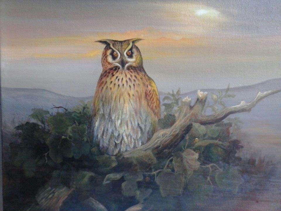 Benson Myrtil 10"x12" Búho al atardecer 2013 Acrílico sobre lienzo #2C