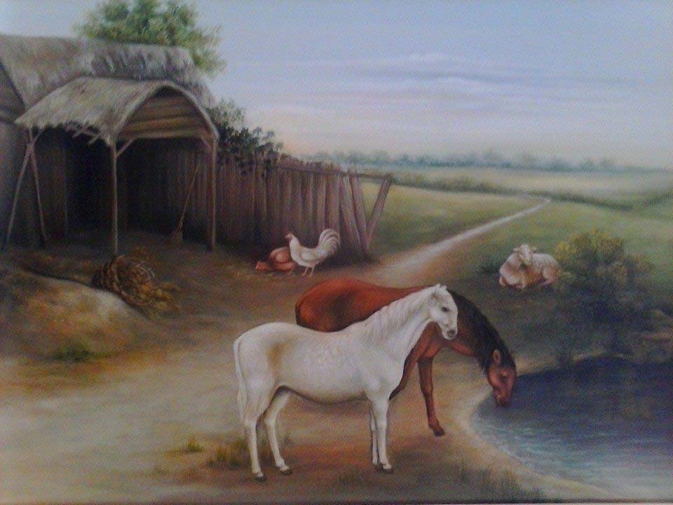 Benson Myrtil 16"x20" Watering Horses 2013 Acrílico sobre lienzo #3C