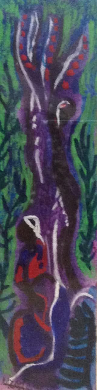 Luckner Lazard (1928-1998) 13"x5.5" 1991 Femme et arbre aquarelle sur papier #1MFN