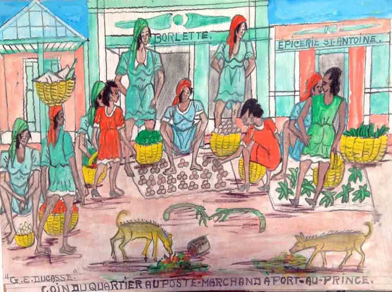 Gervais Emmanuel Ducasse (1903-1988) 16"x24" 1977 " Coin Du Quartier Au Port-Marchand A Port-au-Prince " Huile sur carton #12MFN