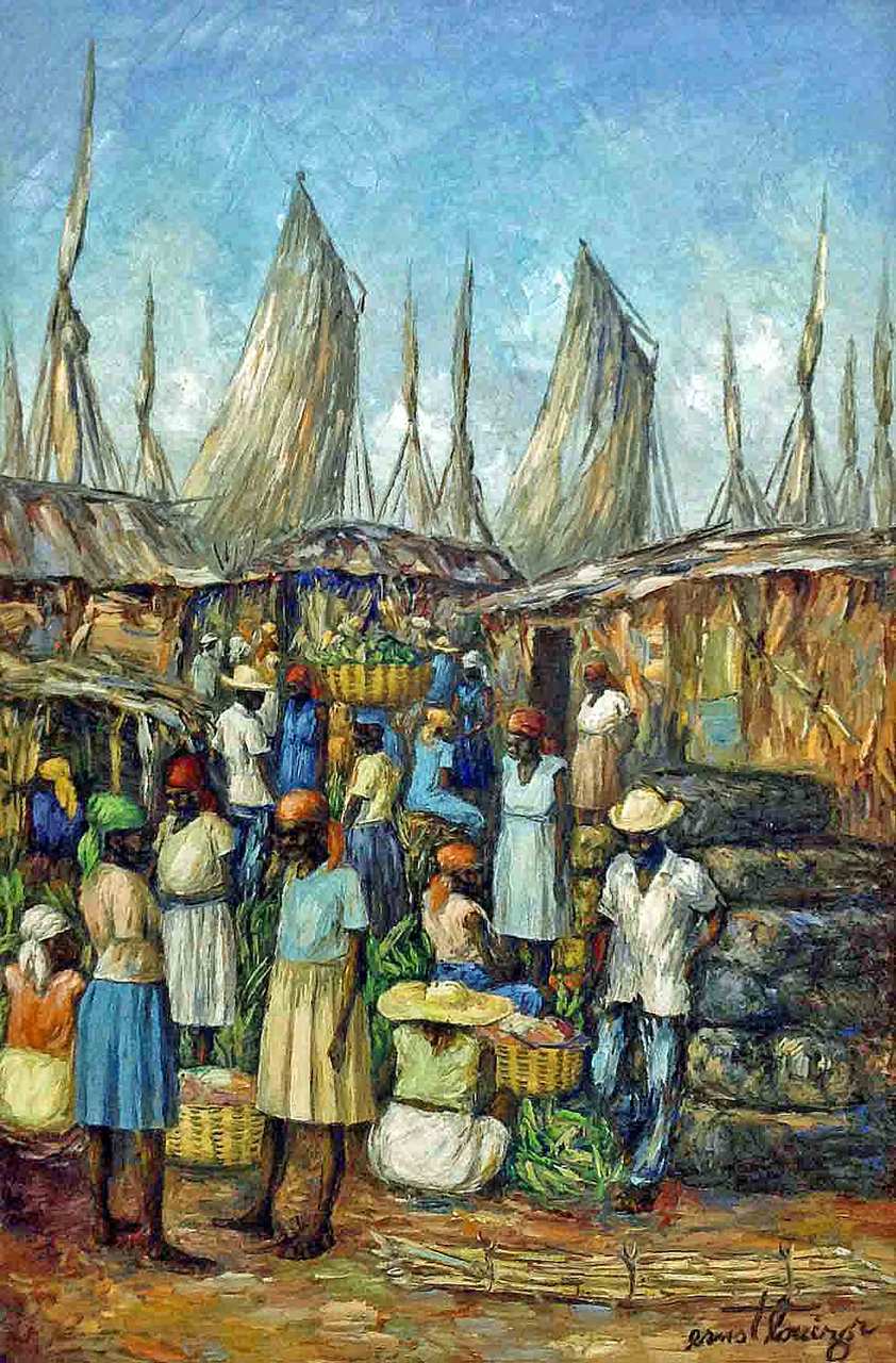 Ernst Louizor (1938-2011) 16"x24" Escena de mercado C1970 Óleo sobre lienzo #139-3-96GN-HA