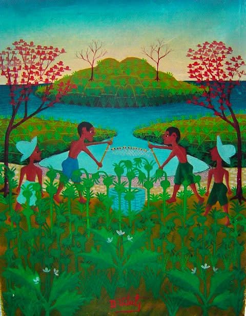 Artistic depiction of children playing with a hose in a garden setting by Dieudonne Vital