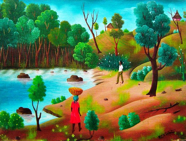 Philton Latortue 20"x16" Escena de la selva c1980 Óleo sobre lienzo#3-2-95MFN